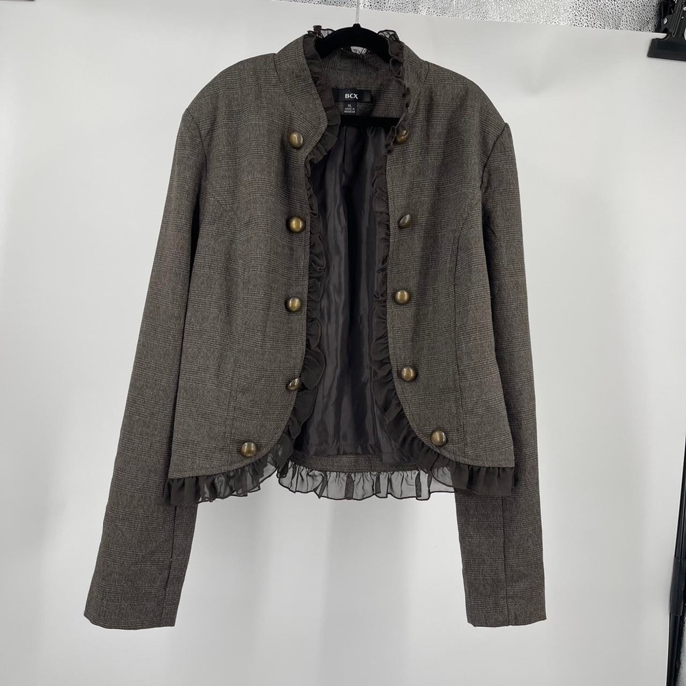 Vintage Y2K Women's Military Ruffle Blazer Jacket S Brown Euro Fall Office Chic